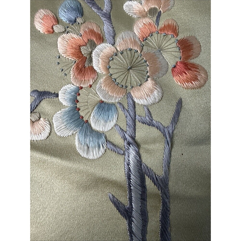Vintage Asian Silk Hand Embroidered Tapestry Floral Bird Design 13”x26” - Picture 6 of 16